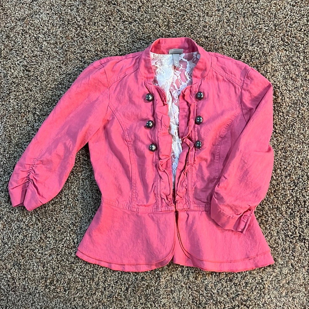Vanity coral pink jacket with gun metal buttons and ruffles size medium